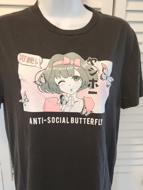 Anime Other - Anti-Social Butterfly Graphic Tee - Black with Pink Accent